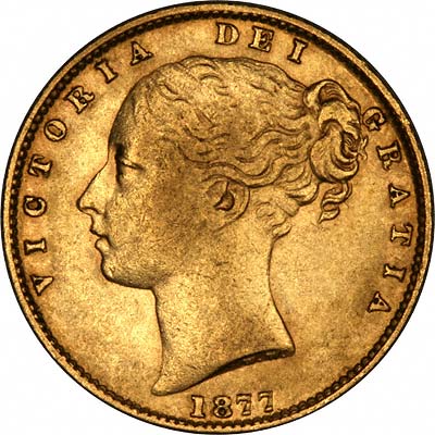 Obverse of 1877 Sydney Mint Victoria Shield Sovereign