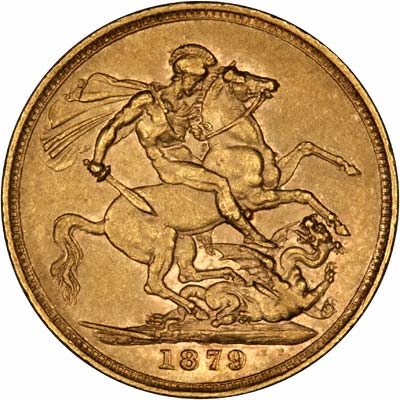Obverse of 1879 London Mint Young Head St. George Reverse Gold Sovereign