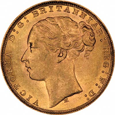 Obverse of 1879 Melbourne Mint Young Head St. George Reverse Gold Sovereign