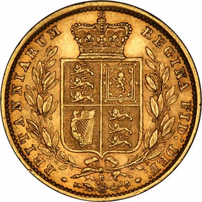 Reverse of 1879 Victoria Shield Sovereign With Die Number