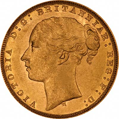 Obverse of 1880 Melbourne Mint Short Tail, Small BP, WW buried on truncation