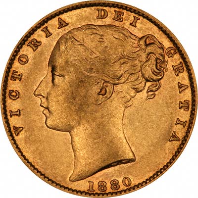 Obverse of 1880 Young Head Shield Obverse Gold Sovereign
