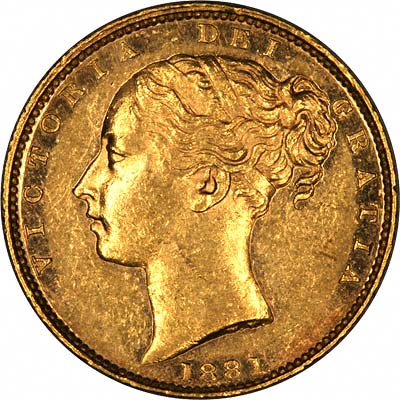 Obverse of 1881 Young Head Shield Reverse Gold Sovereign