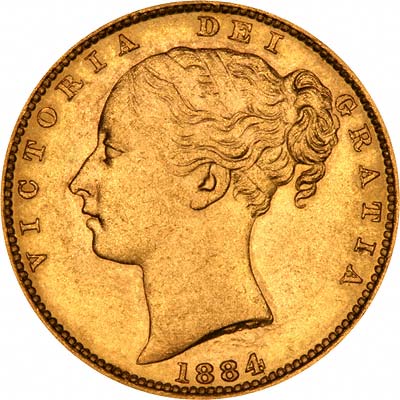 Obverse of 1884 Young Head Shield Reverse Gold Sovereign