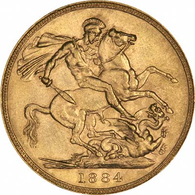 Reverse of 1884 Melbourne Mint Young Head St. George Reverse Gold Sovereign