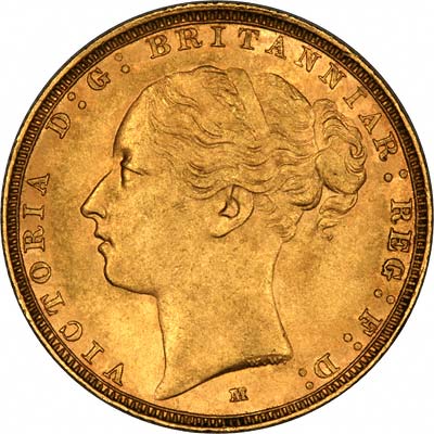 Obverse of 1885 Young Head St. George Reverse Melbourne Mint Gold Sovereign