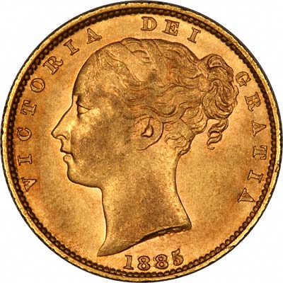 Obverse of 1885 Sydney Mint Victoria Shield Sovereign