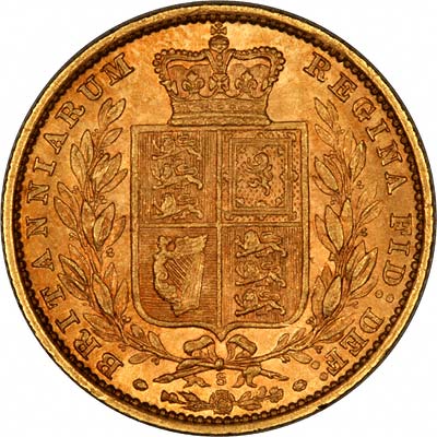 Reverse of 1885 Sydney Mint Victoria Shield Sovereign