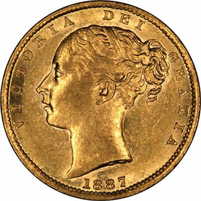 Obverse of 1887 Young Head Shield Reverse Gold Sovereign