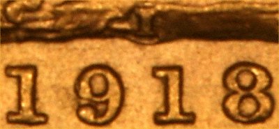 Reverse of 1918 Bombay India Mint Sovereign Close Up of Date