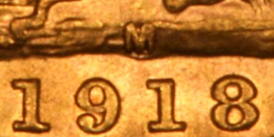 Reverse of 1918 Melbourne Mint Sovereign Close Up of Date