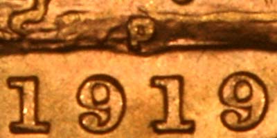 Reverse of 1919 Perth Mint Sovereign Close Up of Date & Mintmark