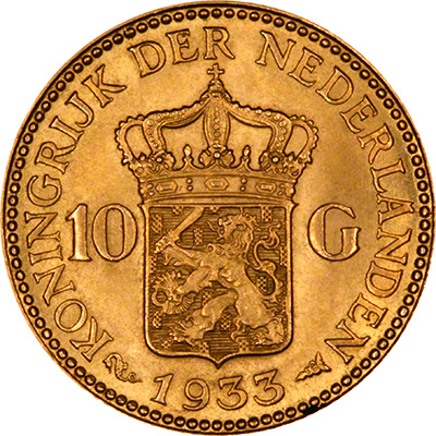 Reverse of 1933 Netherlands 10 Guilder