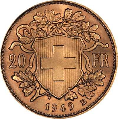 Reverse of 1949 Swiss 20 Francs